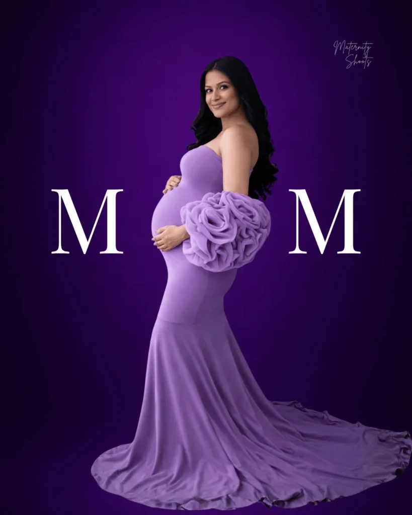 Purple gown maternity photoshoot studio portrait in Asansol