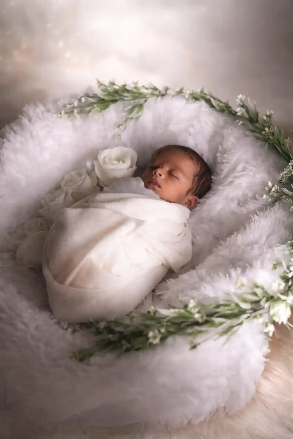 Sleeping newborn baby wrapped in white cloth – newborn photography